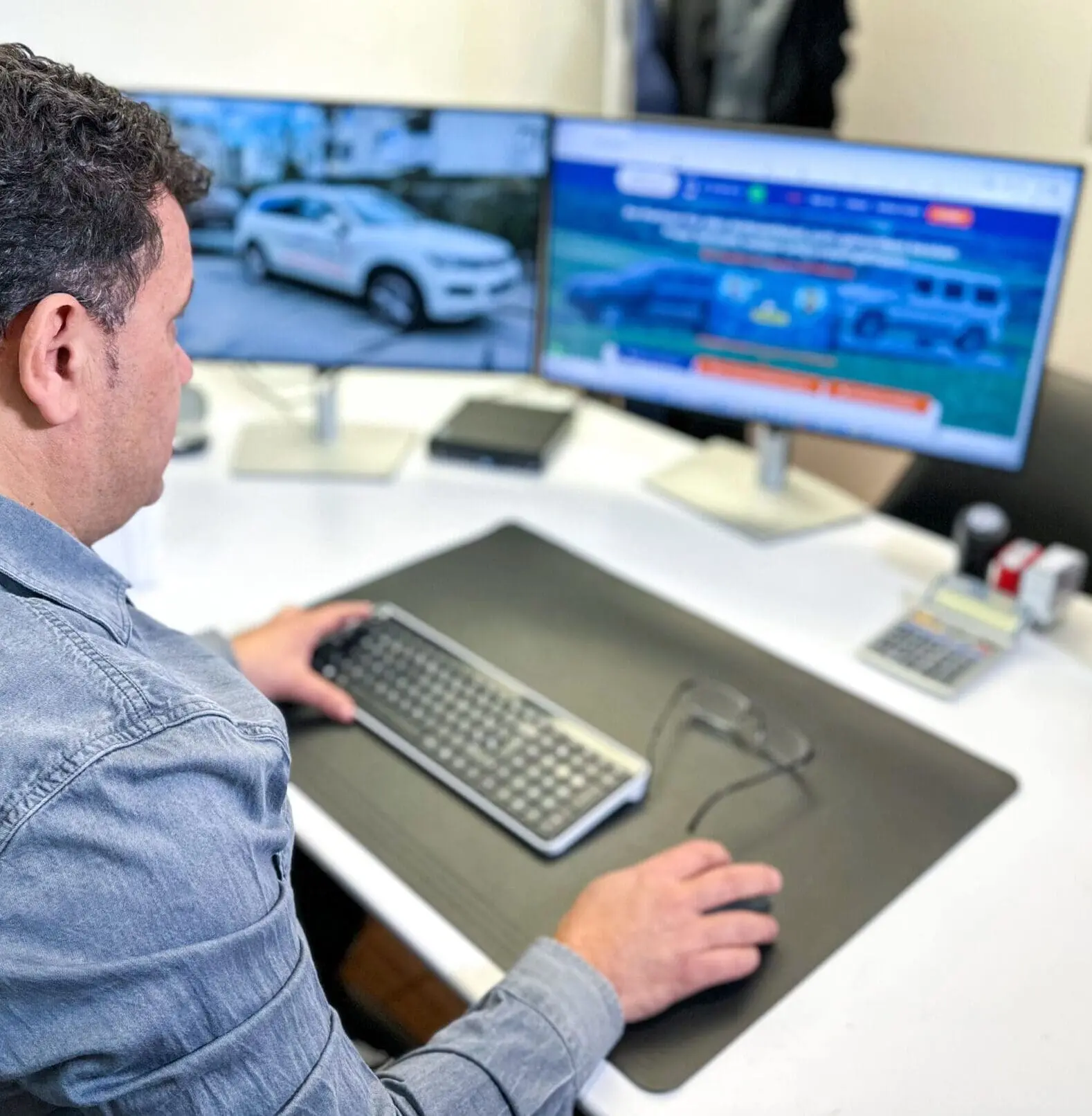 Angestellter bei AK Automobil GmbH arbeitet an einem Computer mit Autowerbungsdisplay im Hintergrund.