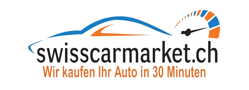 Logo des Schweizer Online-Autohauses 'swisscar[market].ch' mit dem Slogan auf Deutsch: 'Wir kaufen Ihr Auto in 30 Minuten', neben einer stilisierten Autokontur und Geschwindigkeitsmesser-Grafik.
