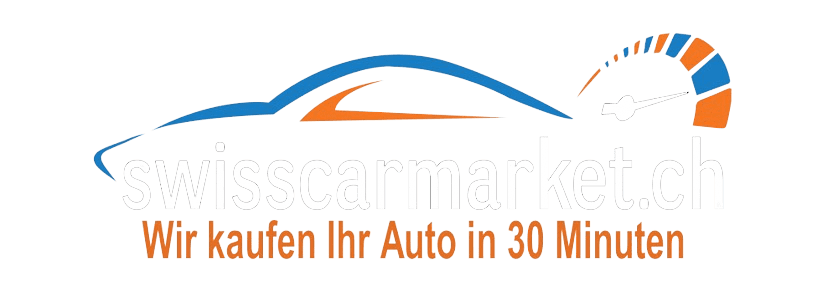Logo des Schweizer Online-Autohauses 'swisscar[market].ch' mit dem Slogan auf Deutsch: 'Wir kaufen Ihr Auto in 30 Minuten', neben einer stilisierten Autokontur und Geschwindigkeitsmesser-Grafik.