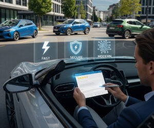 positive: Dynamische Szene mit mehreren Autos in einem städtischen Schweizer Umfeld, eine Person nutzt ein Tablet für Online-Bewertung, digitale Symbole für schnelle, sichere und moderne Ankaufprozesse sichtbar, Umgebung urban mit modernen Gebäuden und gepflegten Straßen, Stimmung professionell, effizient und vertrauenswürdig, Stil photo-réaliste cinématographique, Farbpalette natürliche Töne (Silber, Blau, Grün), Licht sonnig und klar, Perspektive weite Aufnahme, Fokus auf Auto, Person und digitale Elemente. negative: text, watermark