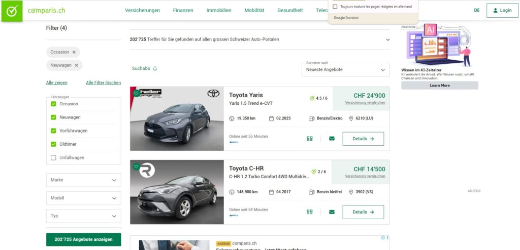 Comparis Auto-Verkauf Plattform – Screenshot der Schweizer Webseite