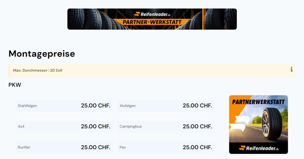 Montagepreise Reifenwechsel in der schweiz 2025