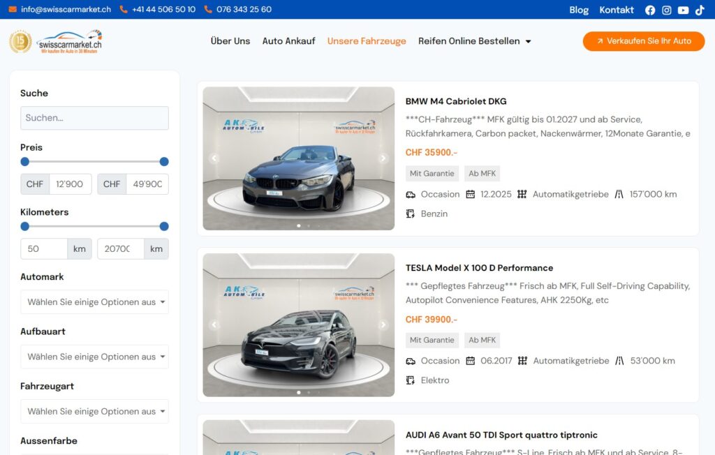 SwissCarMarket – Occasion Autos in der Schweiz mit gültiger und aktueller Motorfahrzeugkontrolle (MFK) Auf SwissCarMarket finden Sie zahlreiche Occasion Autos in der Schweiz, die bereits eine aktuelle Motorfahrzeugkontrolle (MFK) bestanden haben. Das bedeutet, dass die Fahrzeuge technisch überprüft wurden und sofort fahrbereit sind. 👉 Wenn Sie ein Occasion Auto in der Schweiz mit gültiger MFK suchen, ist SwissCarMarket ein idealer Ausgangspunkt. Sie können die Fahrzeuginformationen einsehen, den Status der Motorfahrzeugkontrolle überprüfen und das Occasion Auto auswählen, das zu Ihren Bedürfnissen und Ihrem Budget passt.