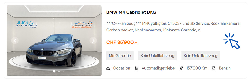 Auto kaufen Schweiz günstig – BMW M4 Cabriolet DKG zu verkaufen bei SwissCarMarket für CHF 35'900