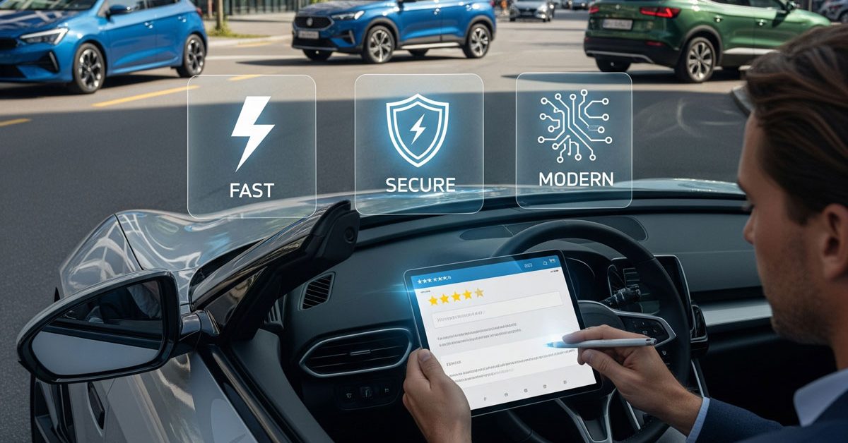 positive: Dynamische Szene mit mehreren Autos in einem städtischen Schweizer Umfeld, eine Person nutzt ein Tablet für Online-Bewertung, digitale Symbole für schnelle, sichere und moderne Ankaufprozesse sichtbar, Umgebung urban mit modernen Gebäuden und gepflegten Straßen, Stimmung professionell, effizient und vertrauenswürdig, Stil photo-réaliste cinématographique, Farbpalette natürliche Töne (Silber, Blau, Grün), Licht sonnig und klar, Perspektive weite Aufnahme, Fokus auf Auto, Person und digitale Elemente. negative: text, watermark